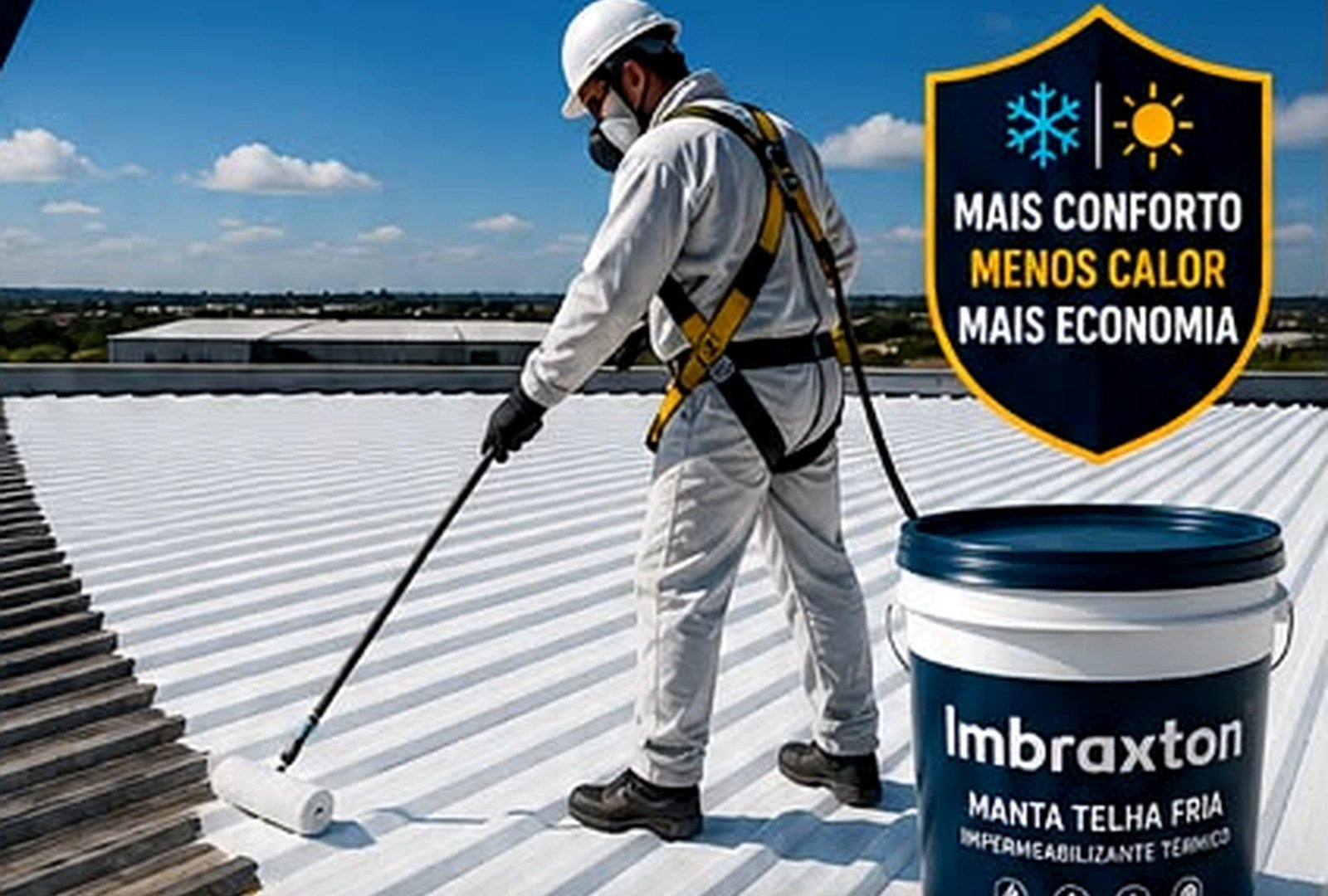 Profissional aplicando manta telha fria em cobertura metálica